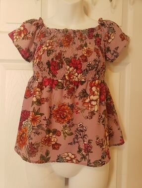 Floral Smocked Puff-Sleeve Top - Mauve Floral Size Medium
